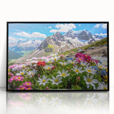 Framed acrylic wall art showcasing a vibrant wildflower design with a black frame, ideal for home decor. Perfect for adding color and nature-inspired aesthetics to any room.