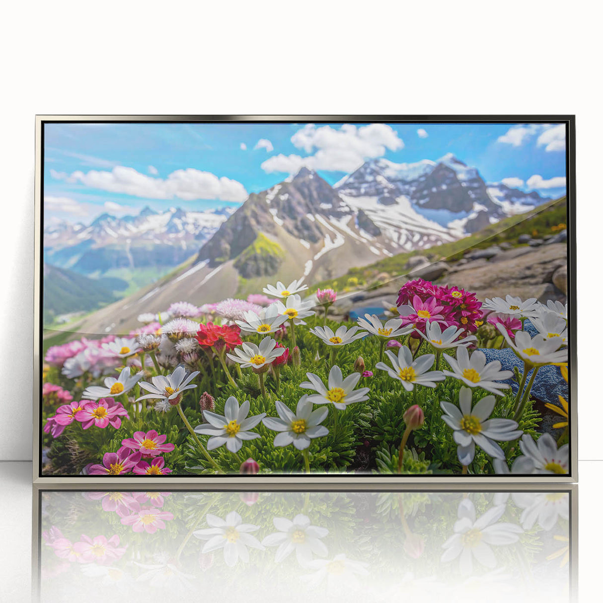 Framed wall art collection showcasing a vibrant wildflower design in acrylic, featuring a sleek silver frame, ideal for modern home decor and floral enthusiasts.