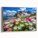 Framed wall art showcasing a vibrant wildflower design on a textured canvas, elegantly bordered in silver, ideal for enhancing modern home decor.